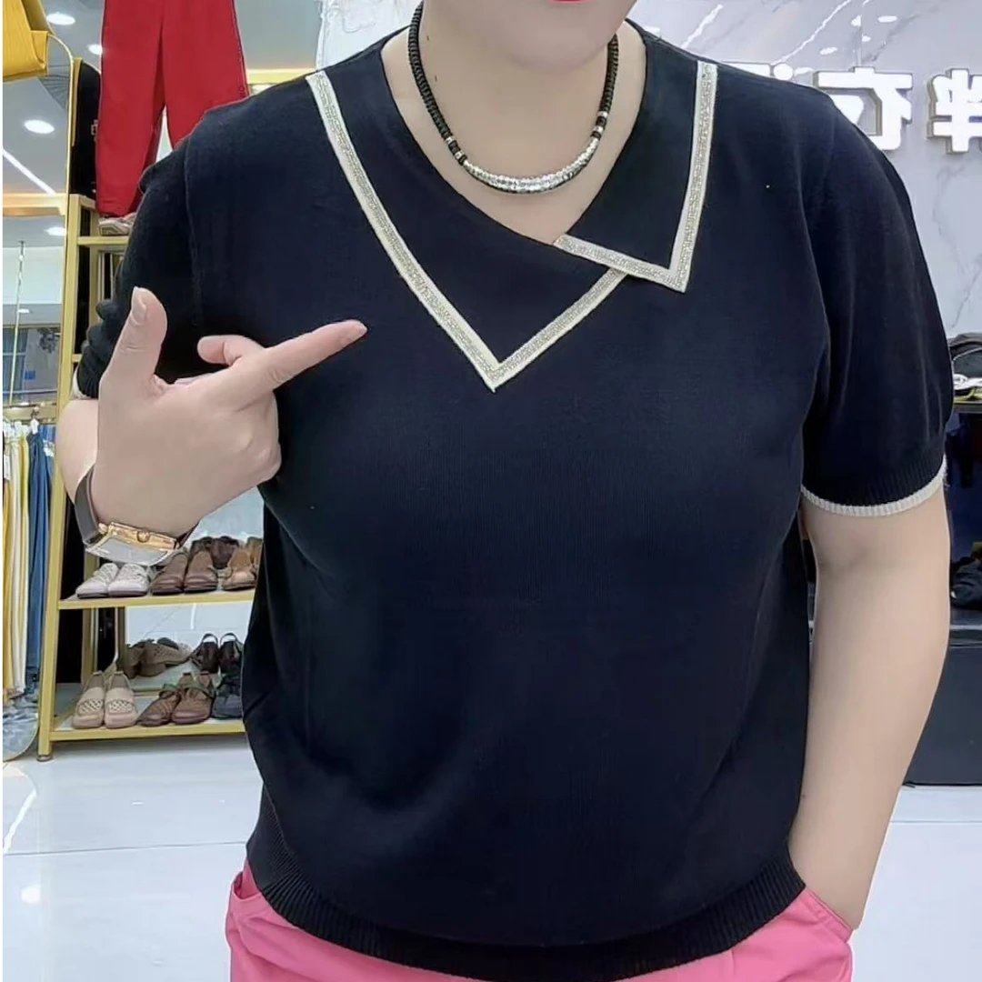 气质夏季通勤时尚针织凉感纯色圆领V领T恤短袖洋气拼接莱赛尔天丝