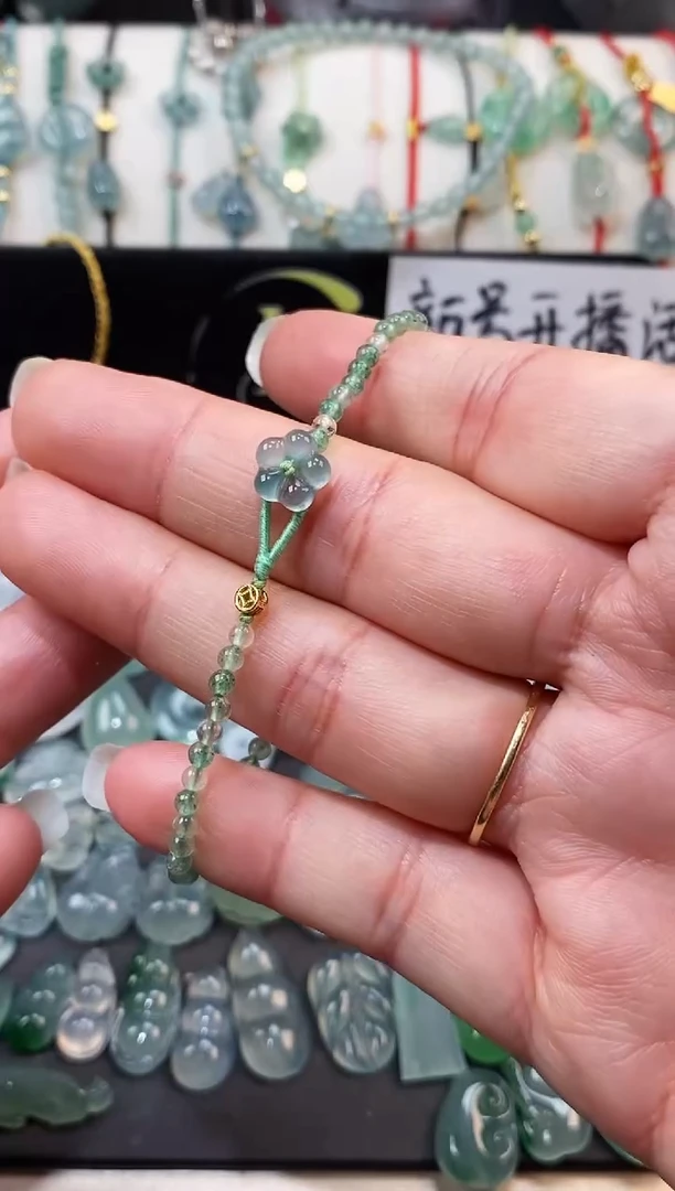 翡翠散珠银S925镶嵌小花手绳  手围15