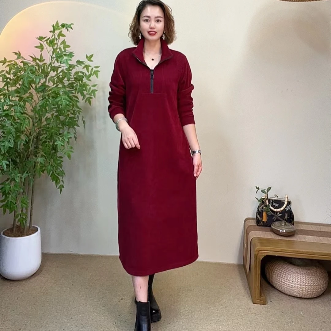 2025-1【拉链】春季新款显瘦高领时尚中长款大码宽松长袖气质连衣裙