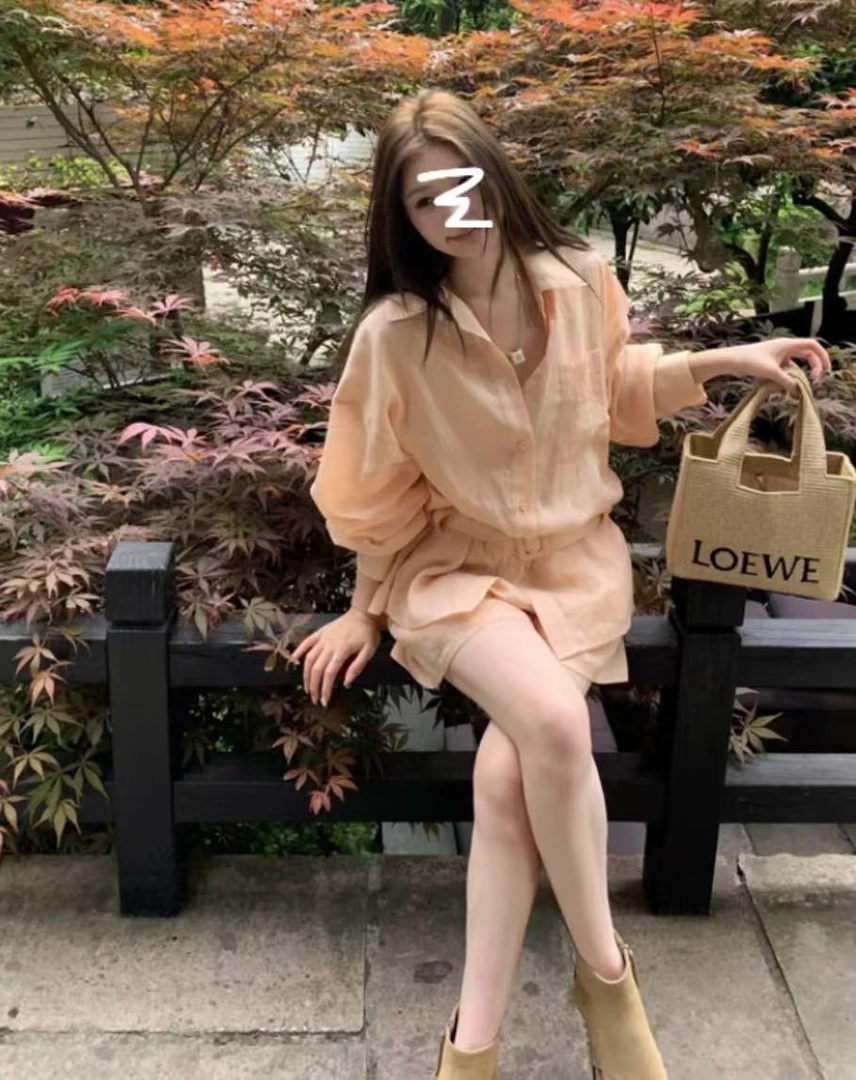 （早秋三件套）法式气质显瘦衬衫套装女新款慵懒翻领衬衫配腰带套装