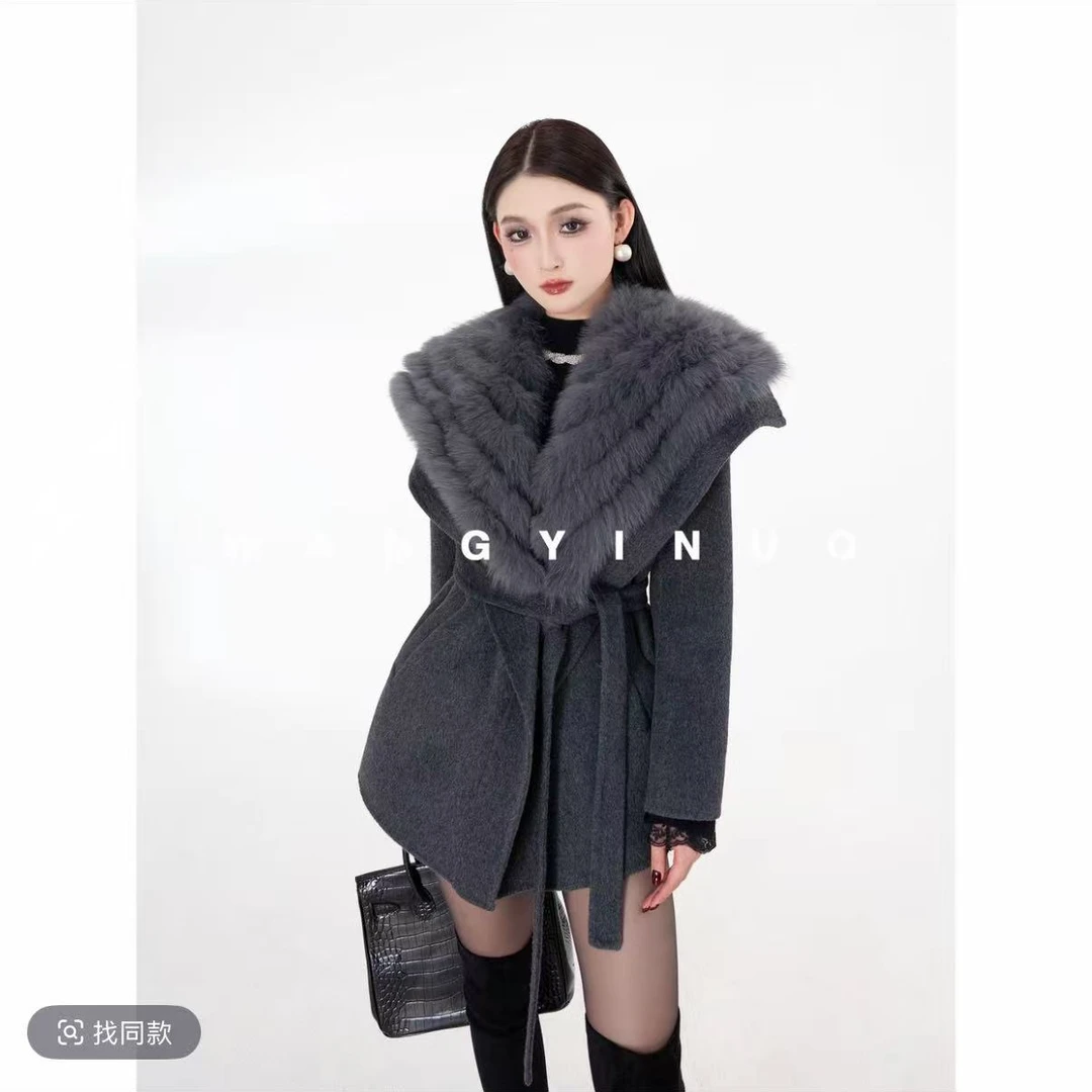 海军领毛呢大衣女冬季保暖高级感系带收腰S911261