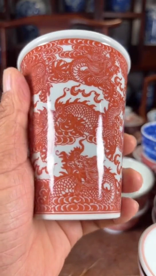 柴窑釉里红九龙可乐杯杯