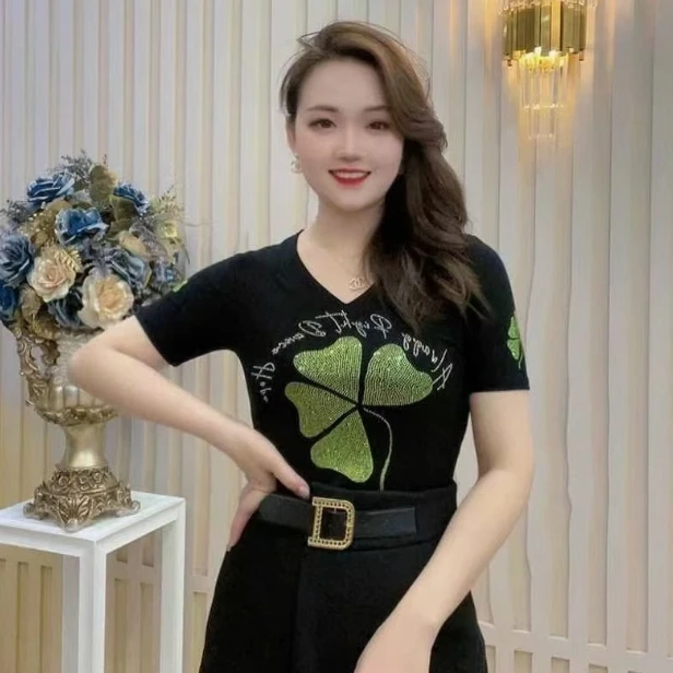 【夏季新款】四叶草上衣加肥加大码胖妈妈中年短袖T恤冰丝螺纹面料