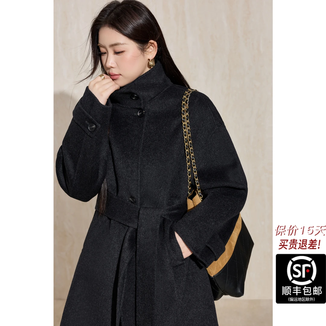 蓝语大码女装宽松型秋冬冬保暖拼接长款毛呢外套毛呢中长款新款