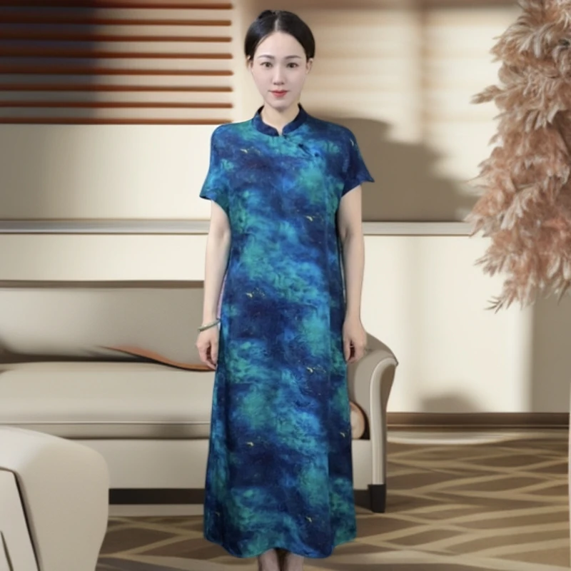江南鑫雅阁【幽蓝绮梦】夏季新中式时尚复古重磅长款改良旗袍连衣裙