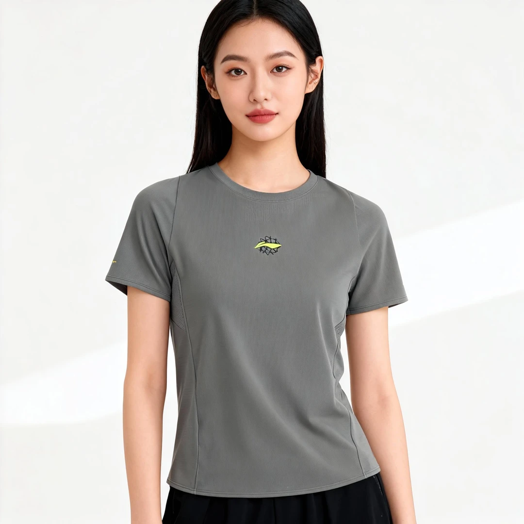李宁短袖T恤女秋跑步系列透气简约常规圆领短袖T恤衫ATSU768--B品