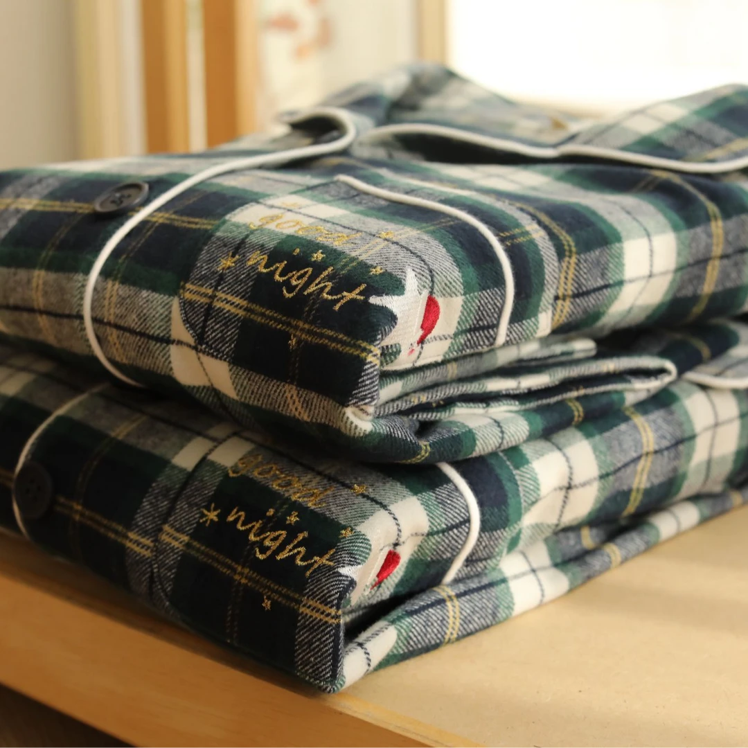 秋冬纯棉情侣睡衣磨毛绒布男士翻领保暖宽松女士家居套装