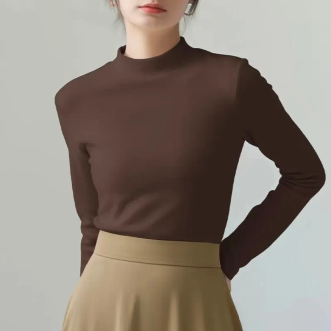 新款女士半高领德绒打底时尚潮流修身显瘦正肩长袖秋冬季百搭保暖