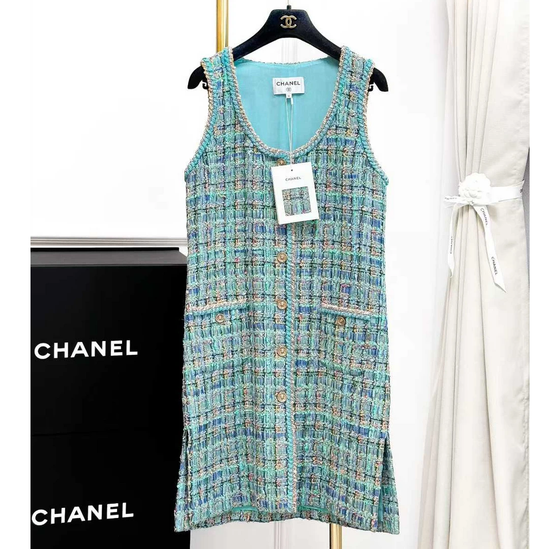 99新 Chanel/香奈儿  36码25A孔雀绿粗花呢混色金丝编织马甲