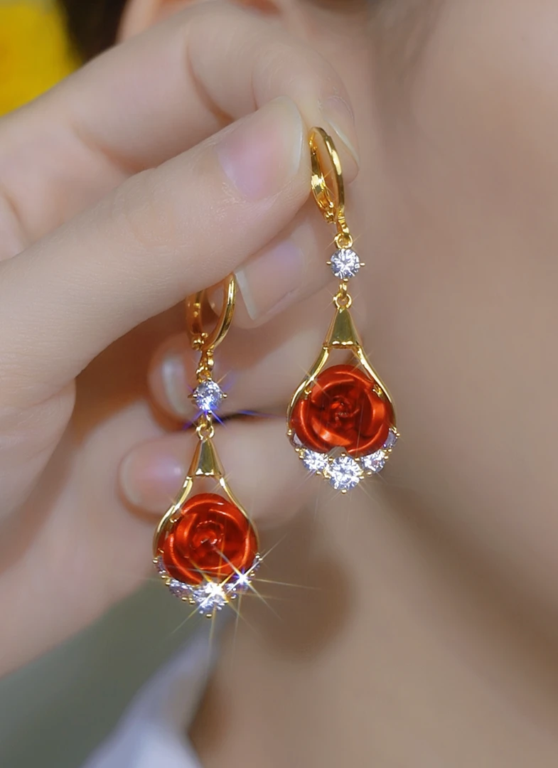 铜合金合成锆石耳饰 「红玫瑰」高级感网红气质时尚轻奢百搭耳环