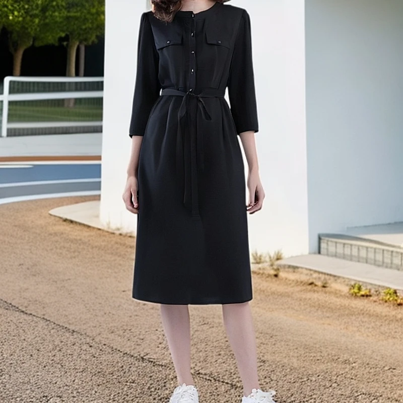 2705-显瘦连衣裙圆领浪漫修身百搭法式中长款