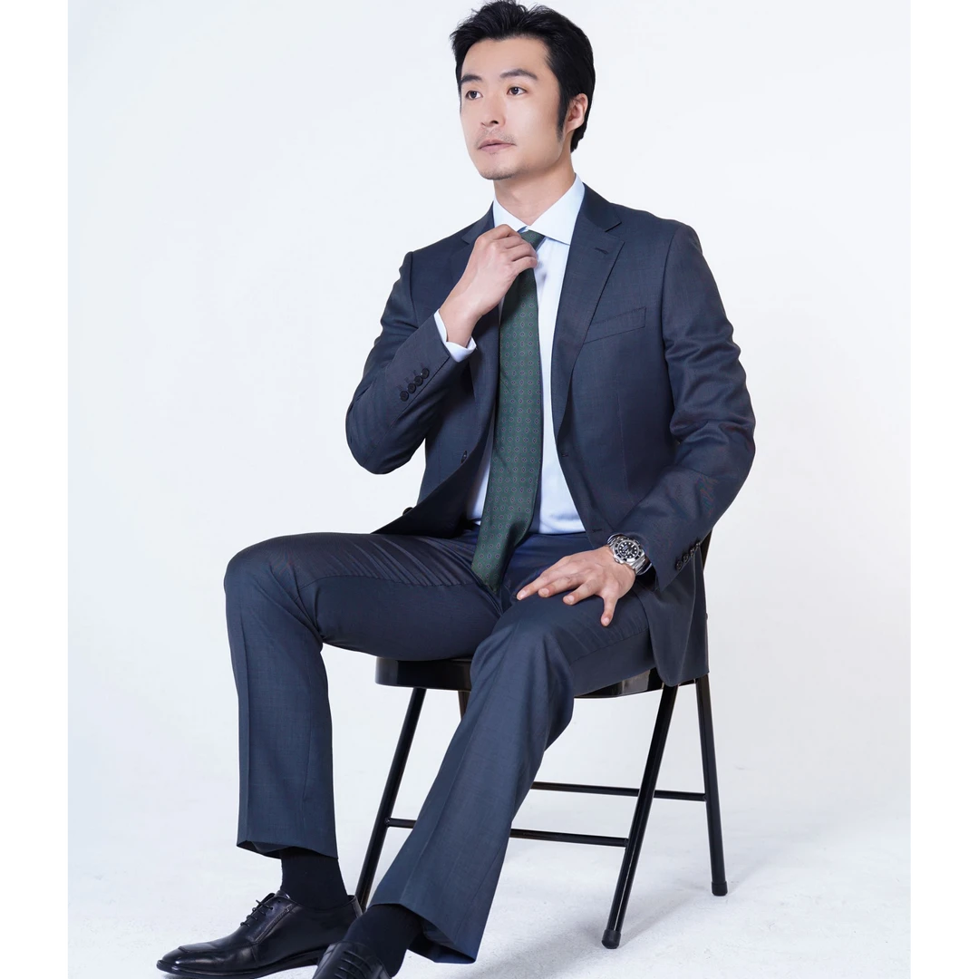 YONZ HOMME半麻衬100%羊毛深蓝平驳领男士西服套装商务休闲