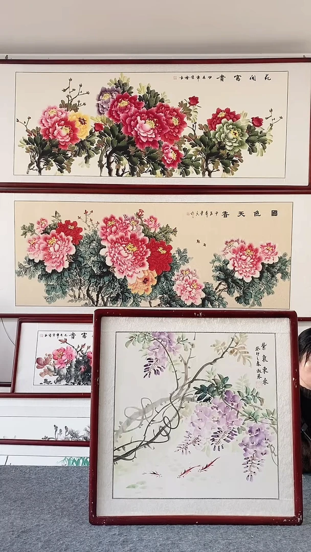 国画纯手绘国画65*65带框装饰挂画