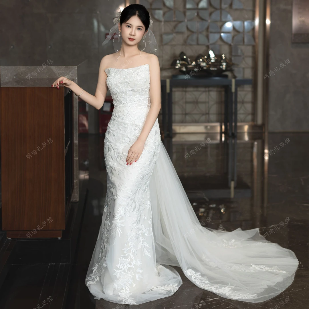 法式蕾丝轻婚纱高级感新娘抹胸超仙森系鱼尾出门纱拖尾礼服裙A516