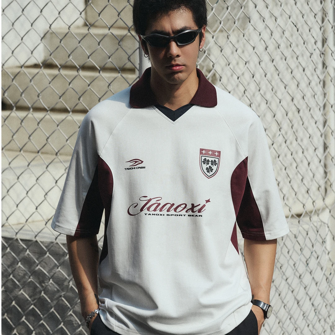 TANOXI T334 黄金新疆长绒棉拼接足球服 宽松印花短袖T恤运动球衣