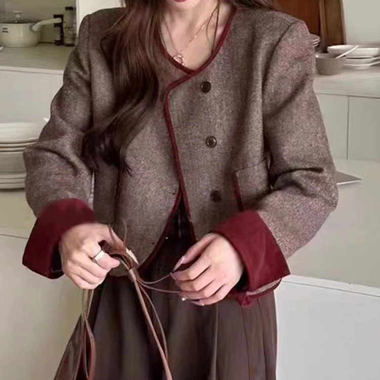 新款小香风短款毛呢外套女春秋款小个子轻熟风高级感撞色妮子上衣