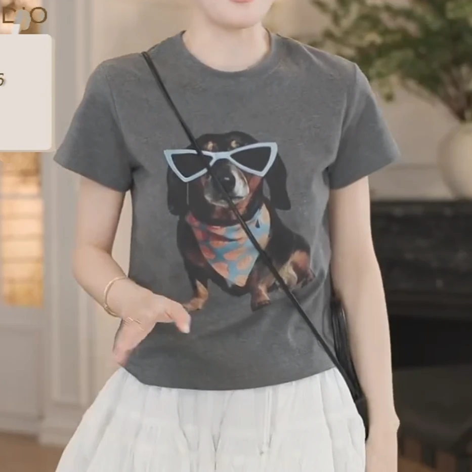 网红棉感修身显瘦狗狗印花休闲短袖T恤2025夏季新款百搭减龄上衣