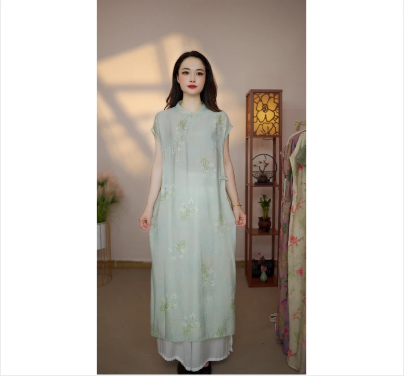 简麻【水仙花】月亮袖018新款夏季女装连衣裙新中式气质百搭显瘦