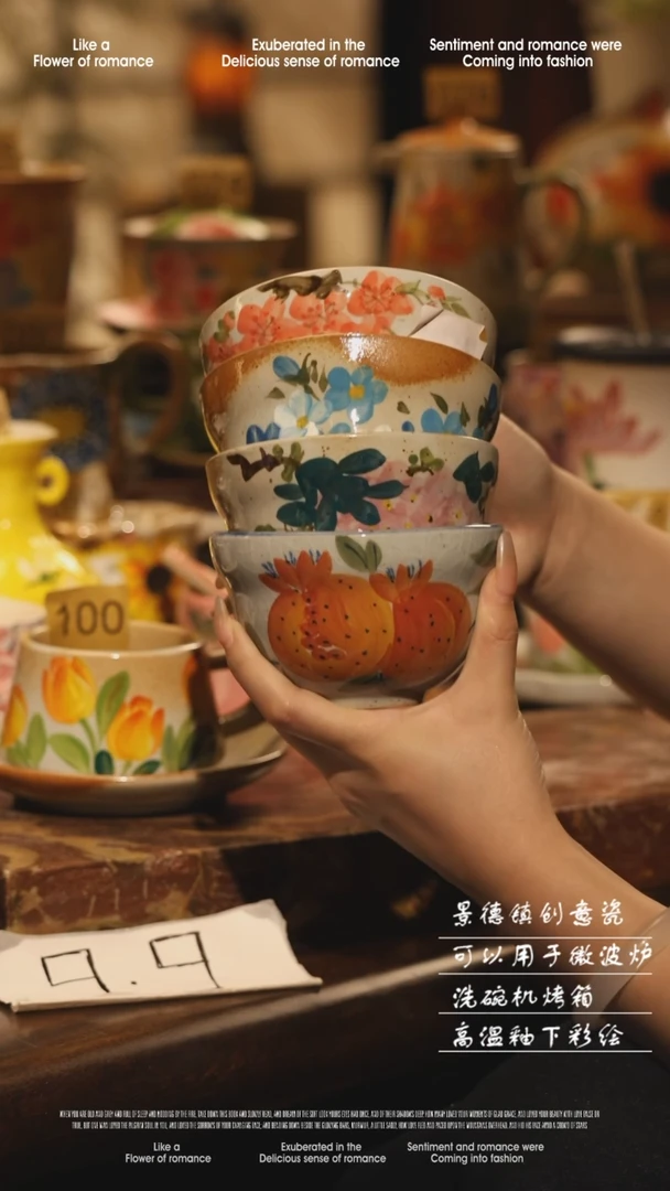 陶瓷四件套景德镇高温手绘釉下彩设计师款式