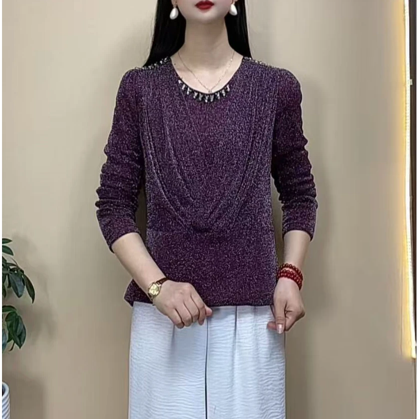 2026新款钉珠圆领洋气加绒加厚妈妈装打底衫