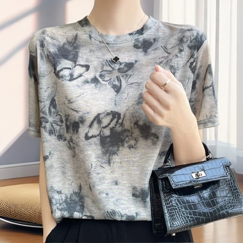 【雅岚女装】时尚洋气显瘦针织衫印花短袖T恤新款宽松百搭休闲夏季