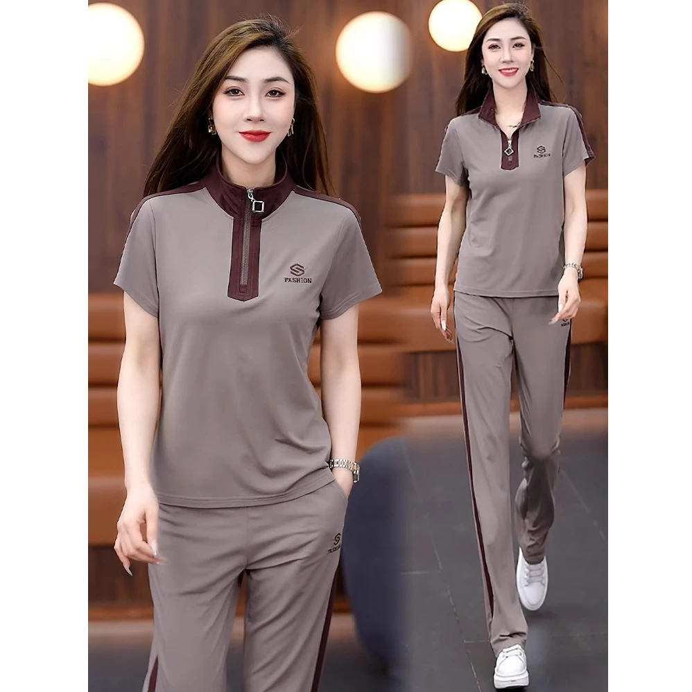 休闲运动套装女夏季新款洋气显瘦半拉链拼色短袖上衣直筒裤两件套