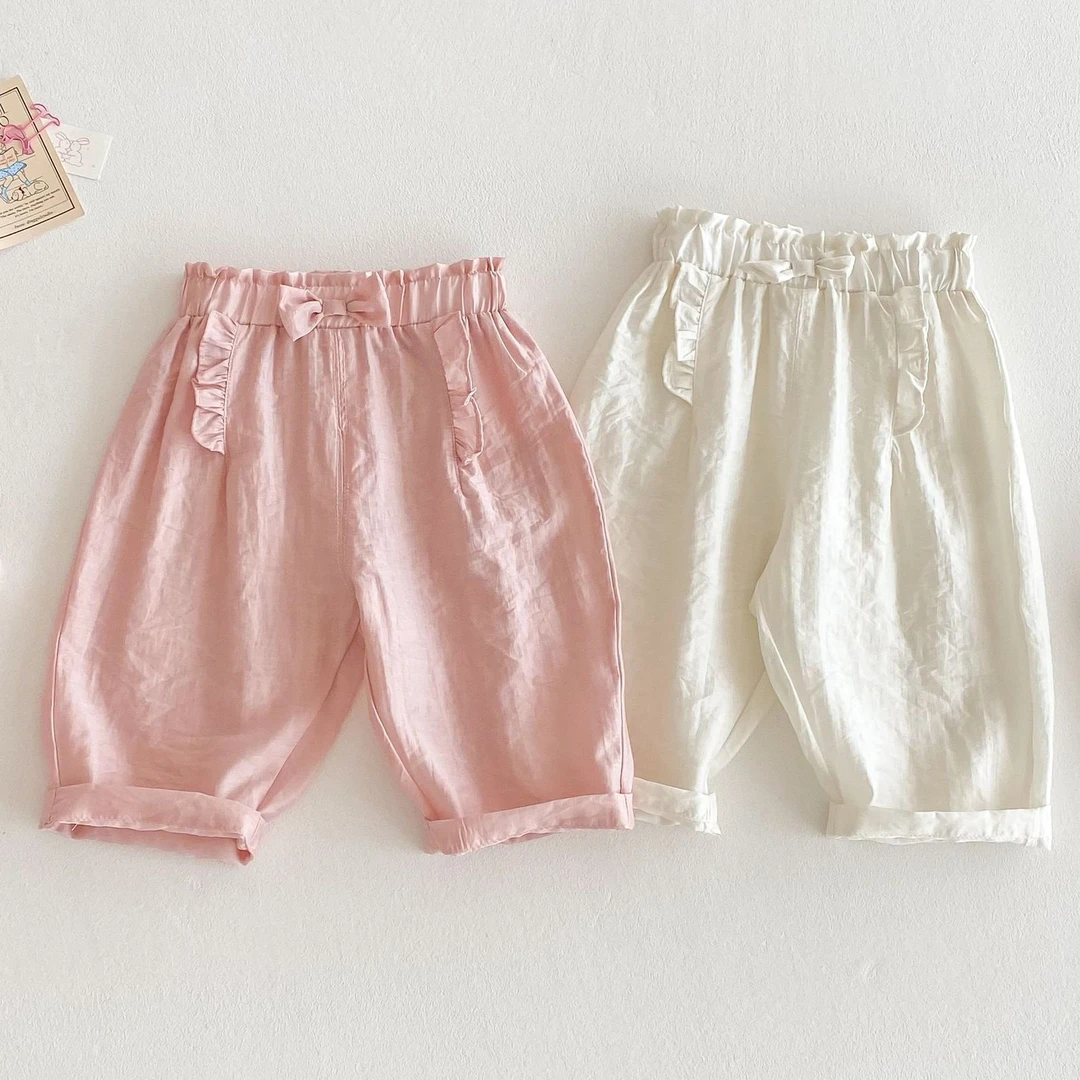 女童蝴蝶结防蚊裤夏季新款女宝宝纯色休闲裤薄儿童甜美韩版裤子