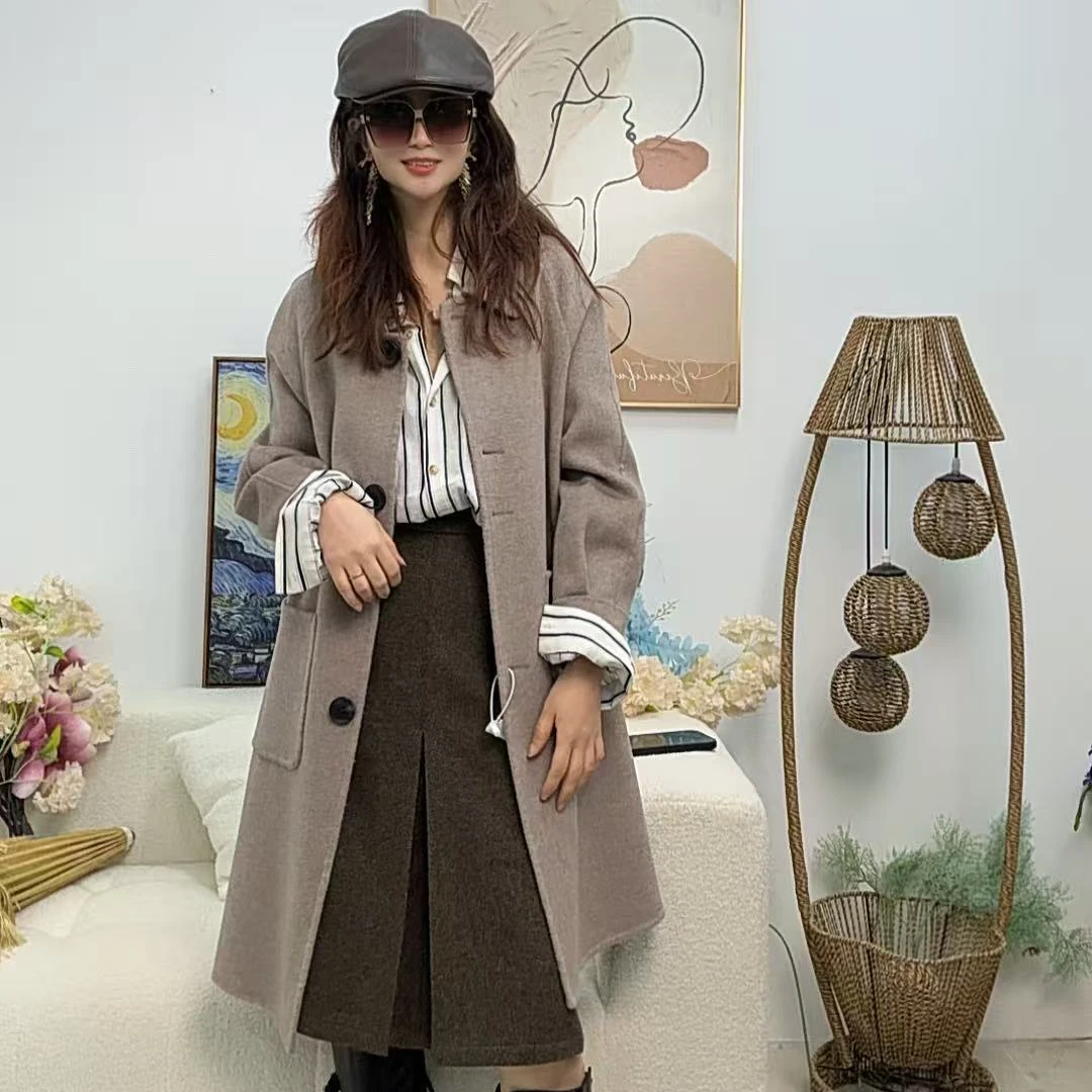 D02区浅咖色中长款翻领收腰毛呢外套长款休闲时尚韩版