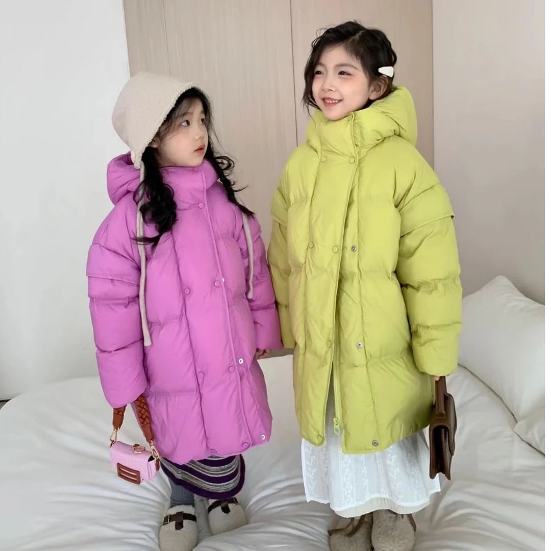 2024新款儿童中长款防寒服洋气男女童百搭冬季加厚连帽保暖外套