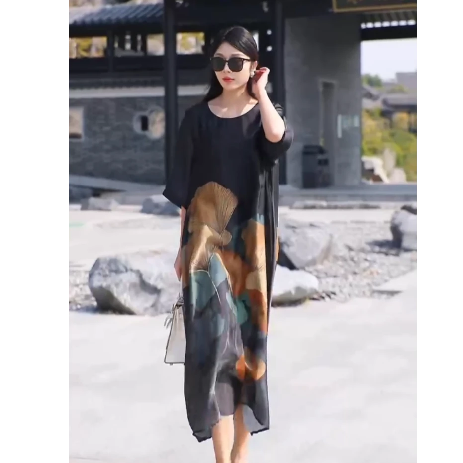 75393 复古中式风银杏叶印花连衣裙