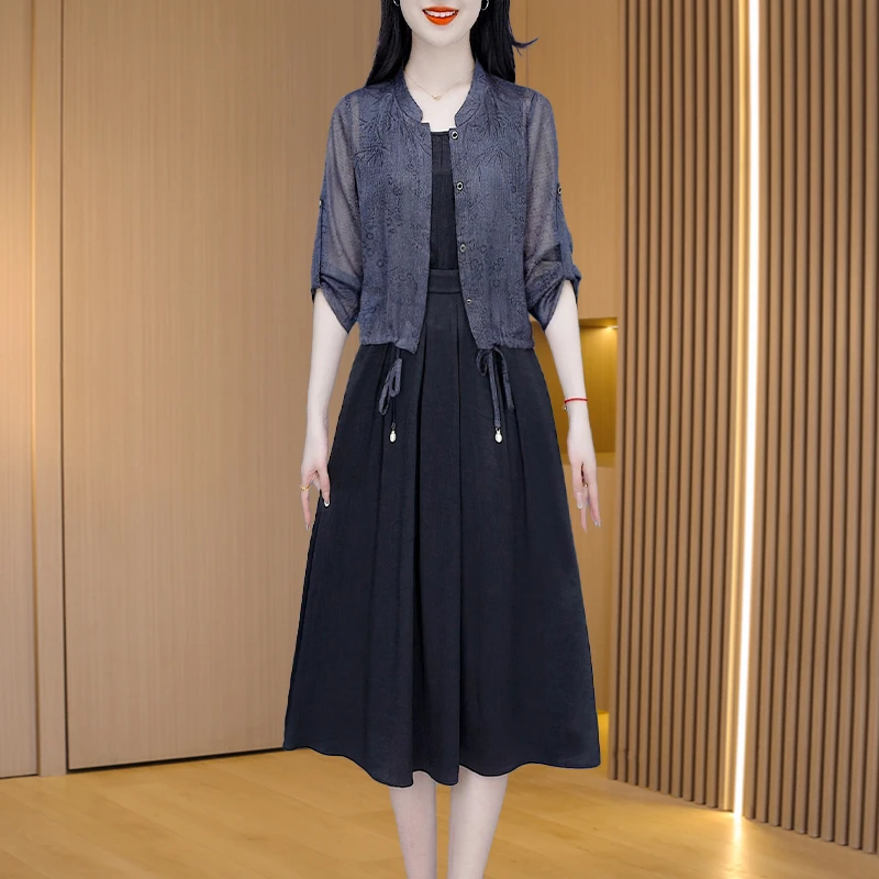 十三行长袖连衣裙女2025新款夏秋气质高端高级感品牌妈妈两件套装