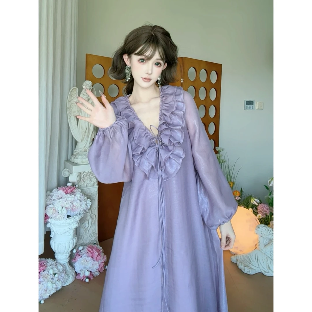 【Panda’s garden】（紫霞映月） 宽松腰天木耳边手工显瘦连衣裙