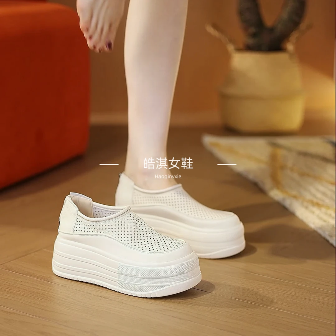 【7厘米增高】厚底皮面镂空女鞋2025夏季新款百搭时尚轻便透气单鞋