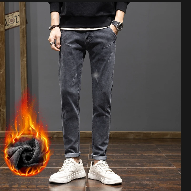 接潮2025秋冬季加绒加厚重工水洗复古怀旧修身小脚长裤子男款长裤