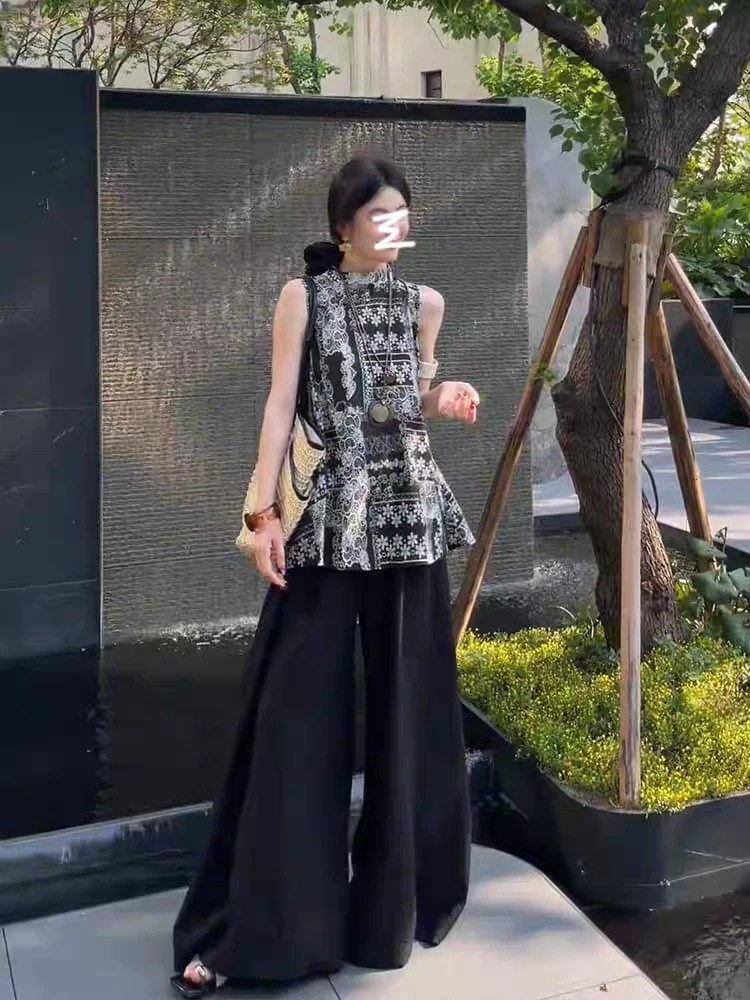 新中式风无袖上衣+阔腿裤两件套2025夏季新款时尚气质宽松套装女