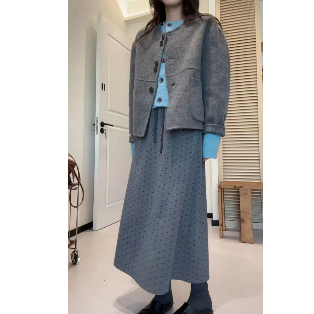 JIUJIU【自由穿搭】松紧腰抽绳款百搭优雅时尚灰色波点裙女