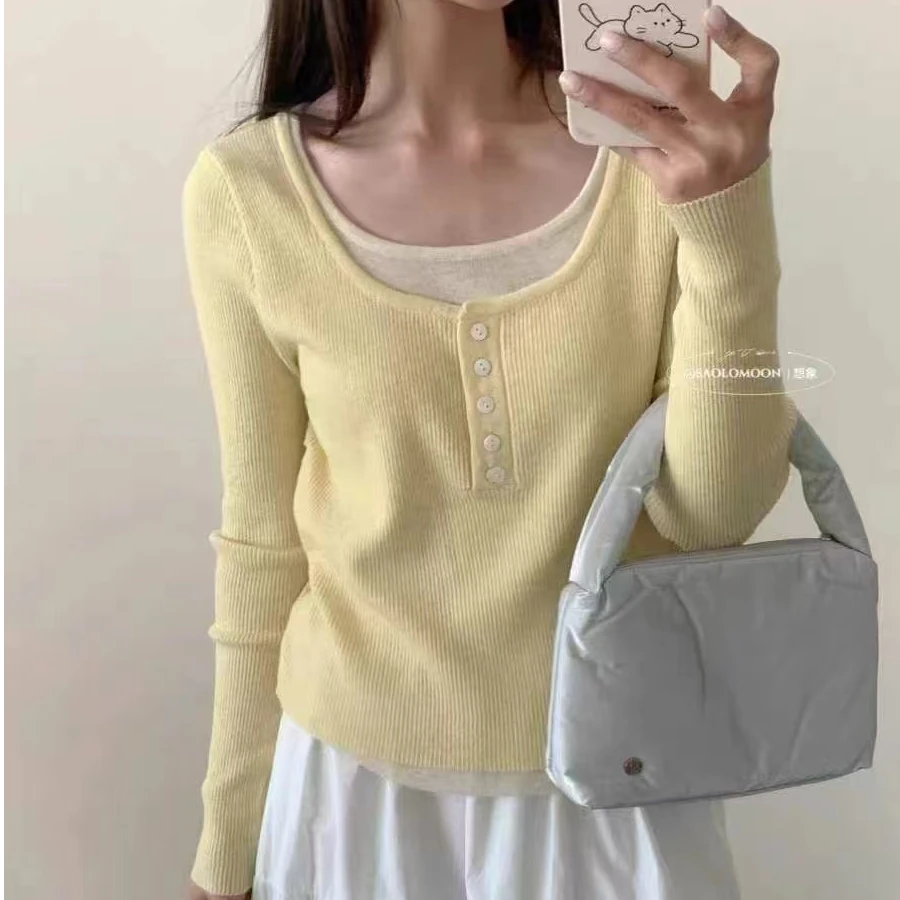 【小芸推荐】韩版撞色假两件长袖针织小个子显瘦修身短款上衣