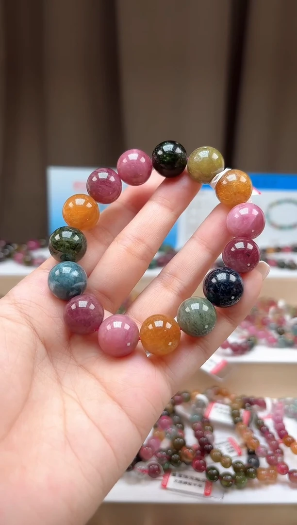 未镶嵌手串碧玺13.9mm艳丽彩虹色高阶油画体碧玺单圈手串