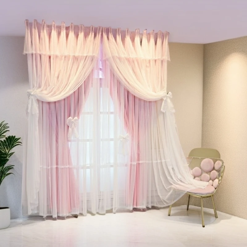 窗帘韩式网红梦幻公主风蕾丝成品遮光卧室温馨三层定制飘窗落地帘