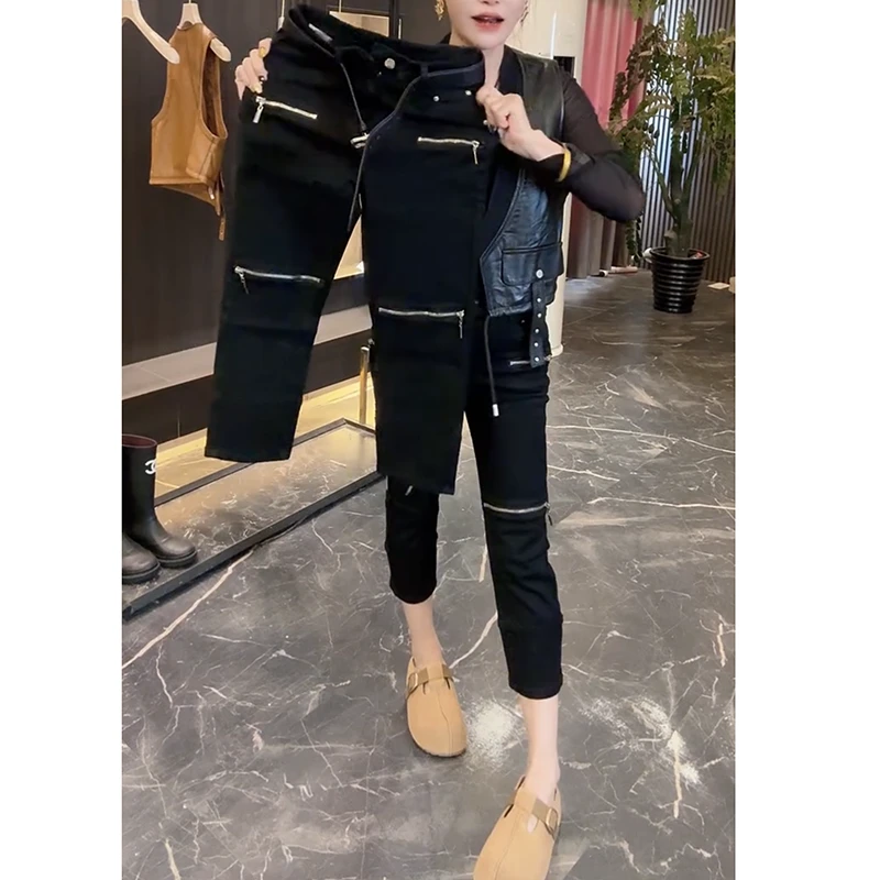 设计感直筒八分牛仔裤女2025夏季新款小个子修身显瘦小脚烟管裤子