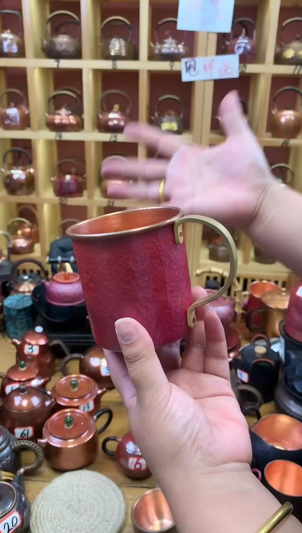 紫铜火烧红大号铜把马克杯