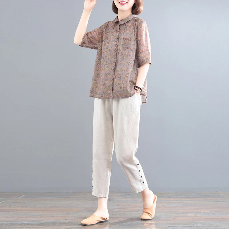 YX#【单/套装】棉麻减龄时尚套装宽松印花上衣+纯色裤子DY2666A