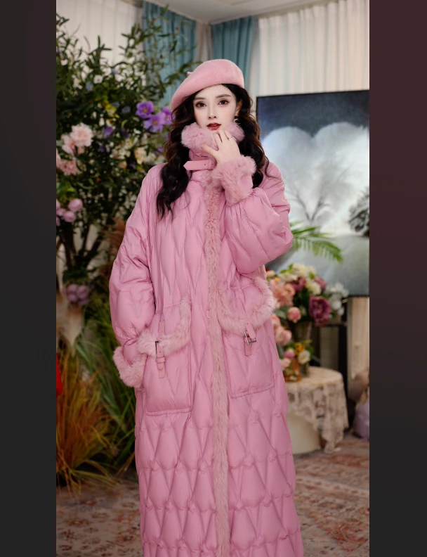 冬季新品时尚优雅宽松撞色修身长款女装羽绒服261P1016