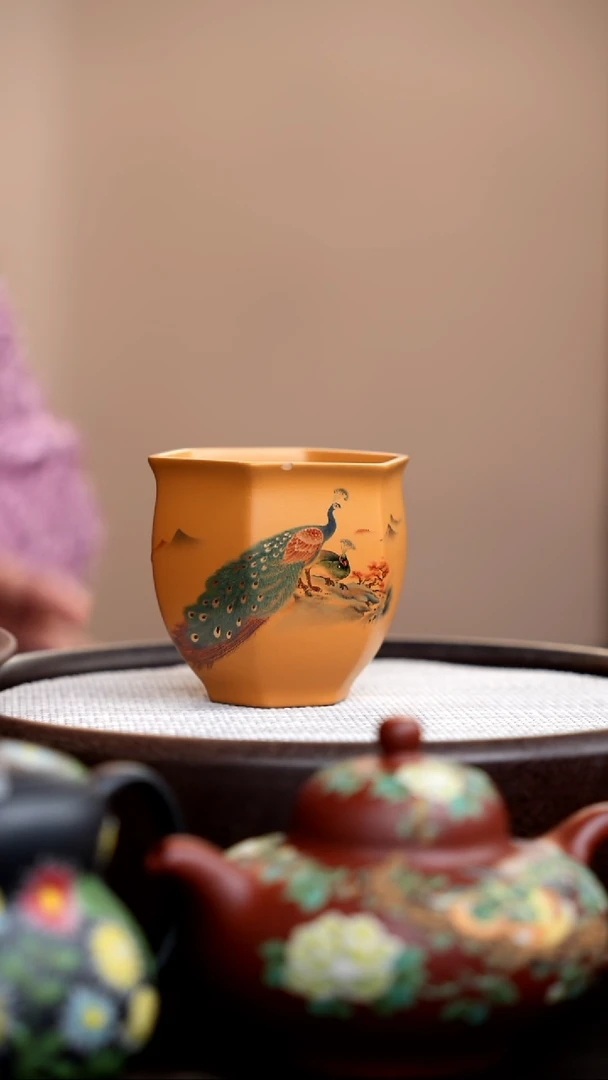 茶壶紫砂黄金段六方孔雀杯