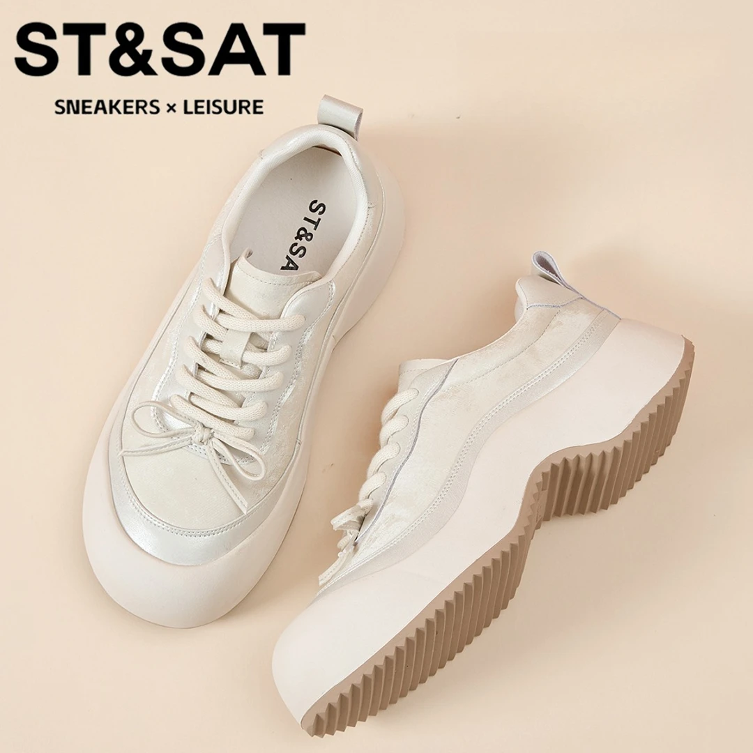 星期六真皮蝴蝶结单鞋女软底踩屎感松糕女鞋2025新款时尚休闲女鞋