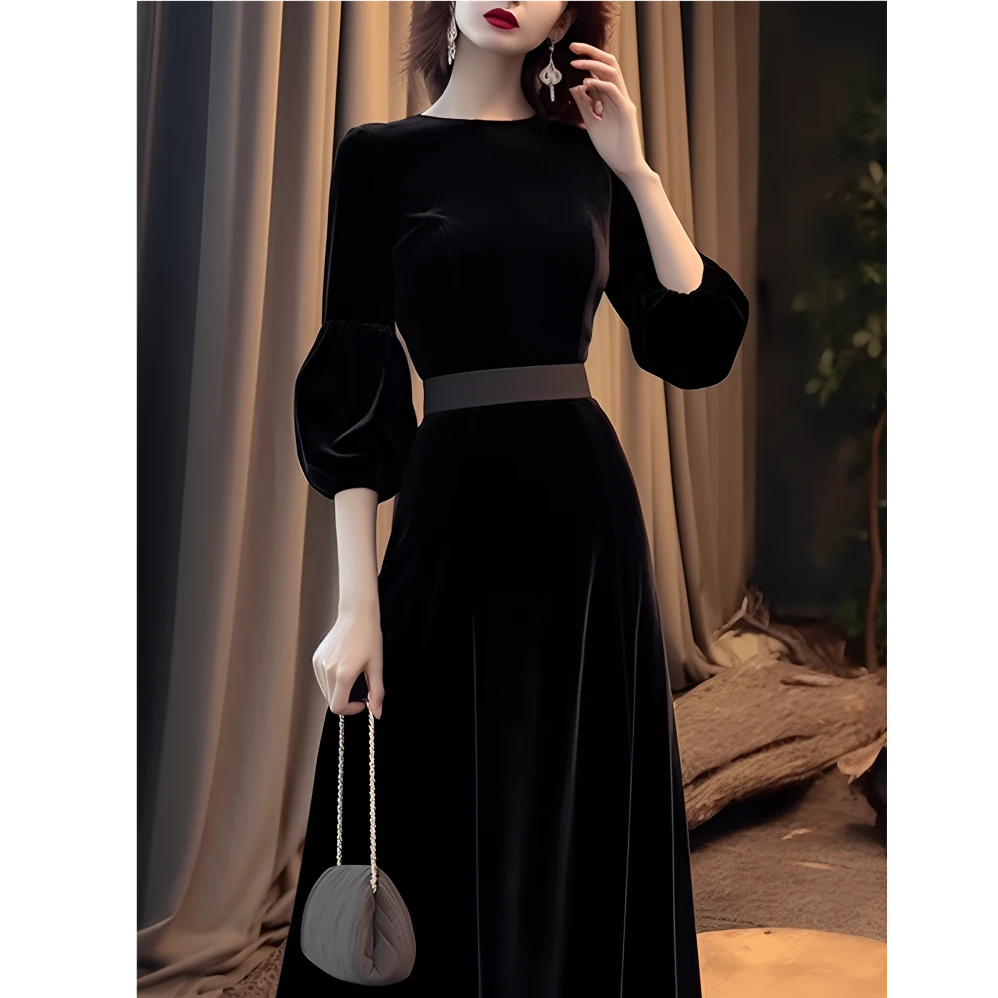 秋冬新款法式气质裙子上档次婚宴场合女装小礼服黑色金丝绒连衣裙