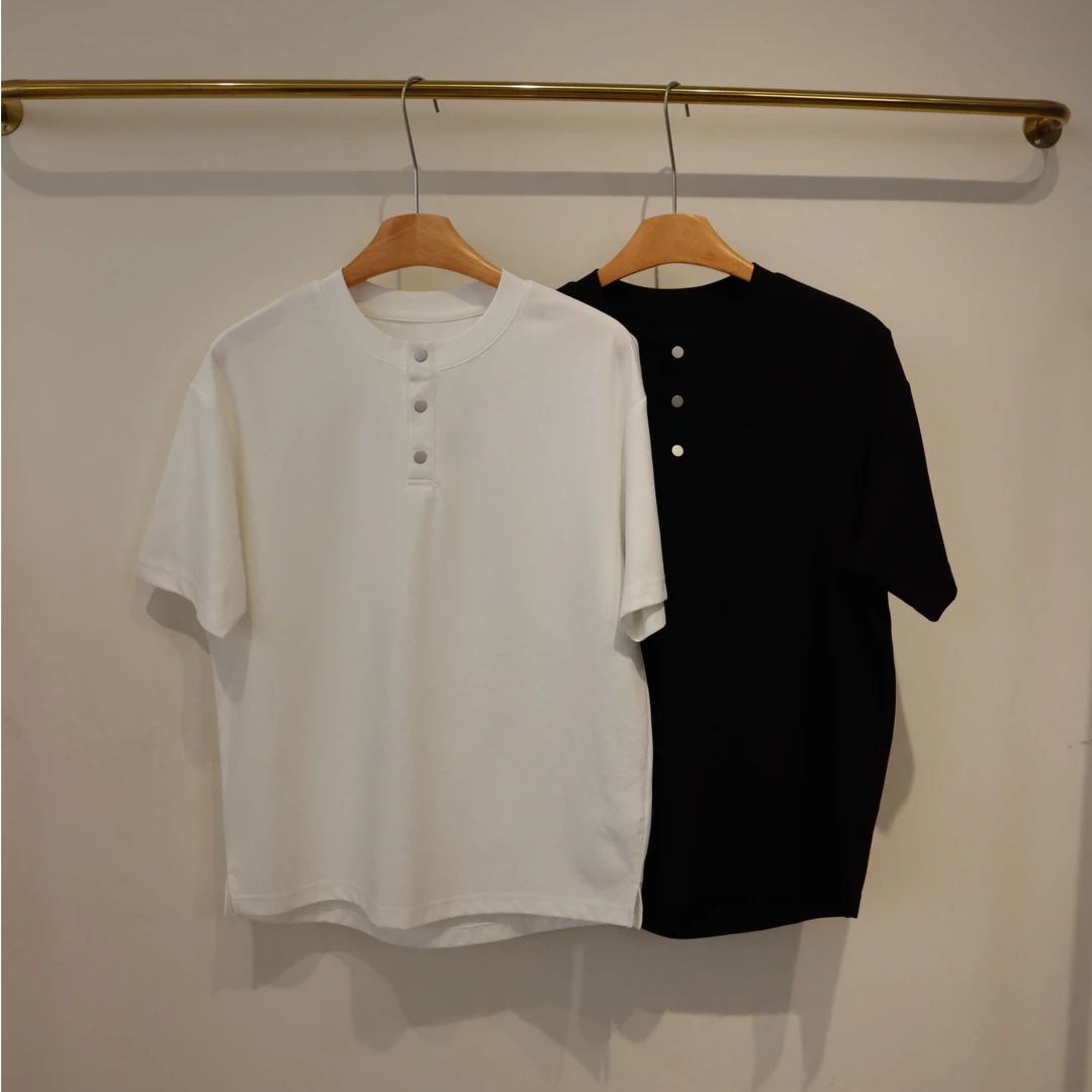 美式复古亨利衫短袖t恤男纽扣亨利领潮牌肌理感半袖休闲纯色上衣