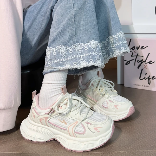 人本樱花粉老爹鞋子女款2025春季新款百搭爆款厚底网面透气运动鞋