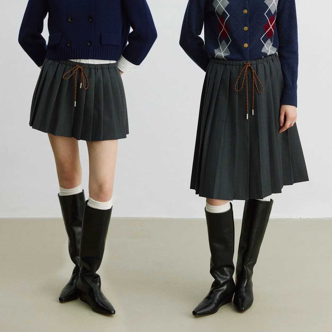 MARIUS学院风减龄撞色抽绳轻柔透气百褶长短半裙