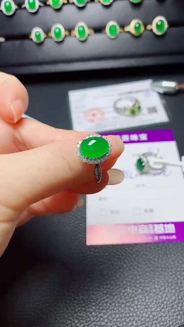 银S925镶嵌戒指翡翠  天然翡翠A货s925银镶